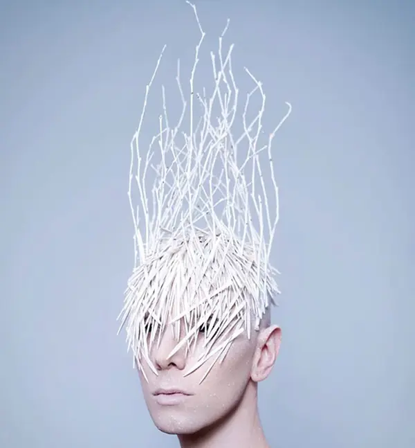 homme avec une couvre-cheffe blanc, recouvrant la moitié de son visage et s'élevant assez haut