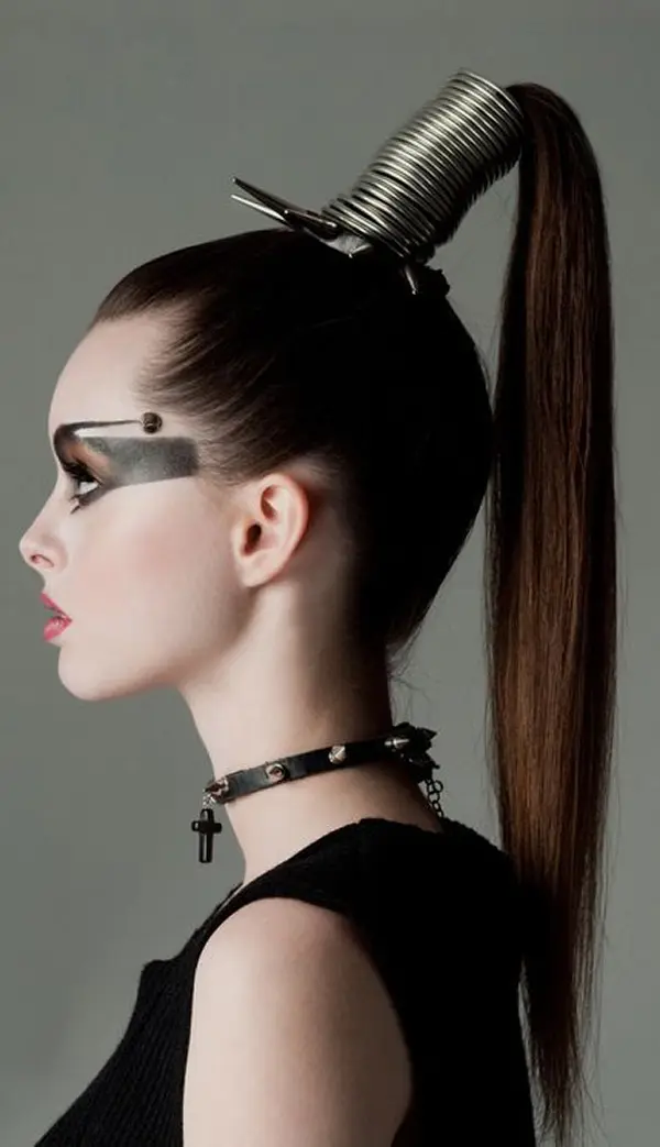 femme futuriste avec haute queue de cheval et maquillage chargé au niveau des yeux