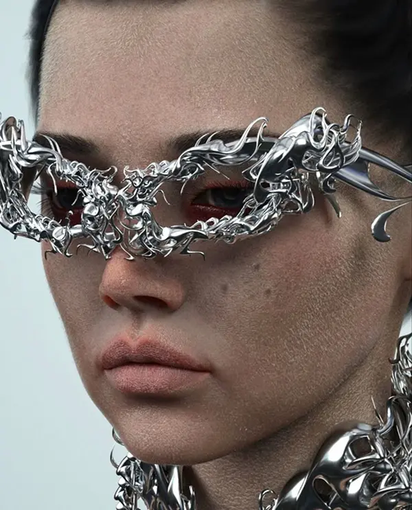 femme portant des lunettes avant-gardiste composée de filaments métalliques