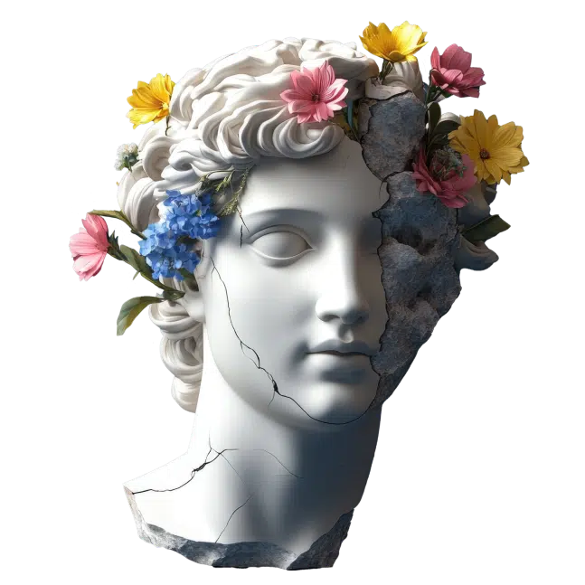 buste en marbre avec des fleurs dans la chevelure. La moitié est cassée, révélant de la pierre.