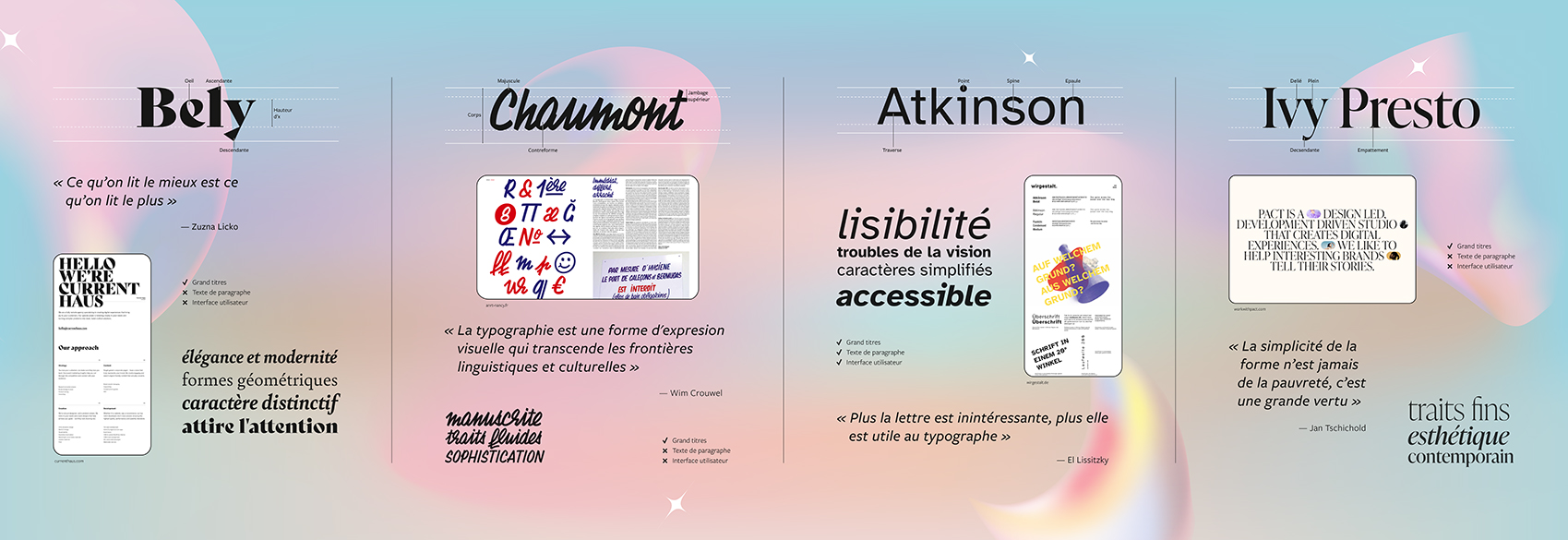 Une de nos affiche contenant les polices Bely, Chaumont, Atkinson et Ivy Presto