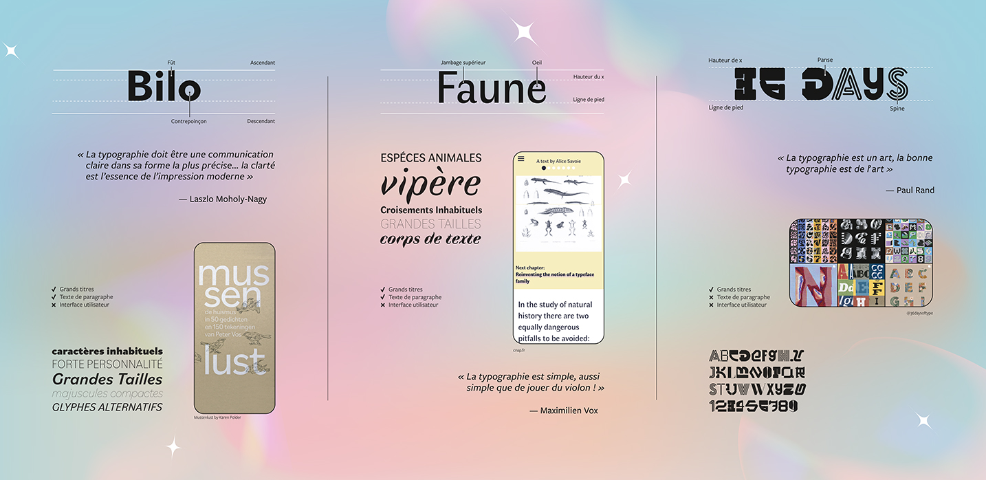 Une de nos affiche contenant les polices Bilo, Faune et 36 Days